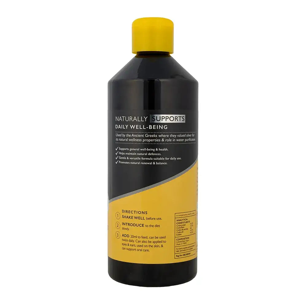 Black plastic bottle of lincoln colloidal silver with bright yellow cap and label that naturally supports daily well-being