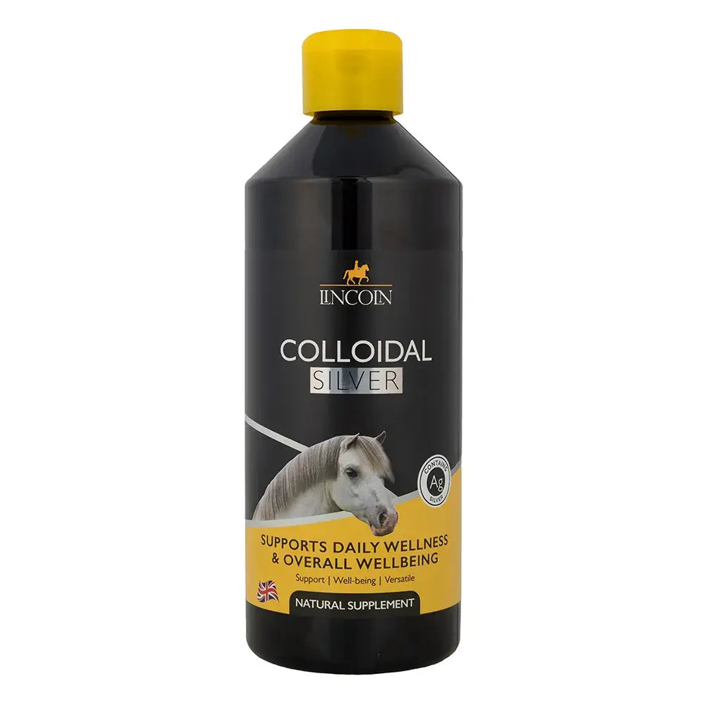 Black plastic bottle with yellow cap labeled lincoln colloidal silver featuring a horse image for equine wellness