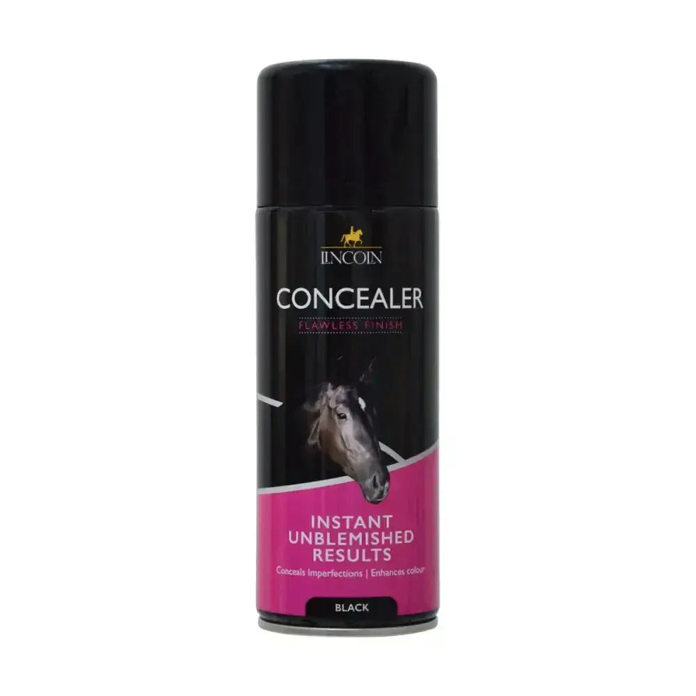 Black lincoln concealer spray aerosol with glossy finish and pink label featuring a horse’s head for horse’s coats