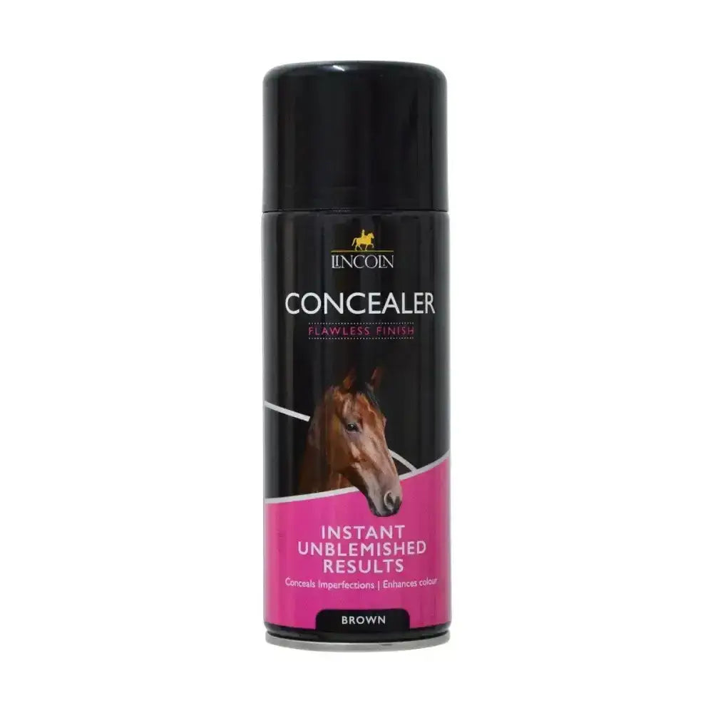 Black lincoln concealer spray aerosol with pink label and brown horse image for instant unblemished horse’s coats