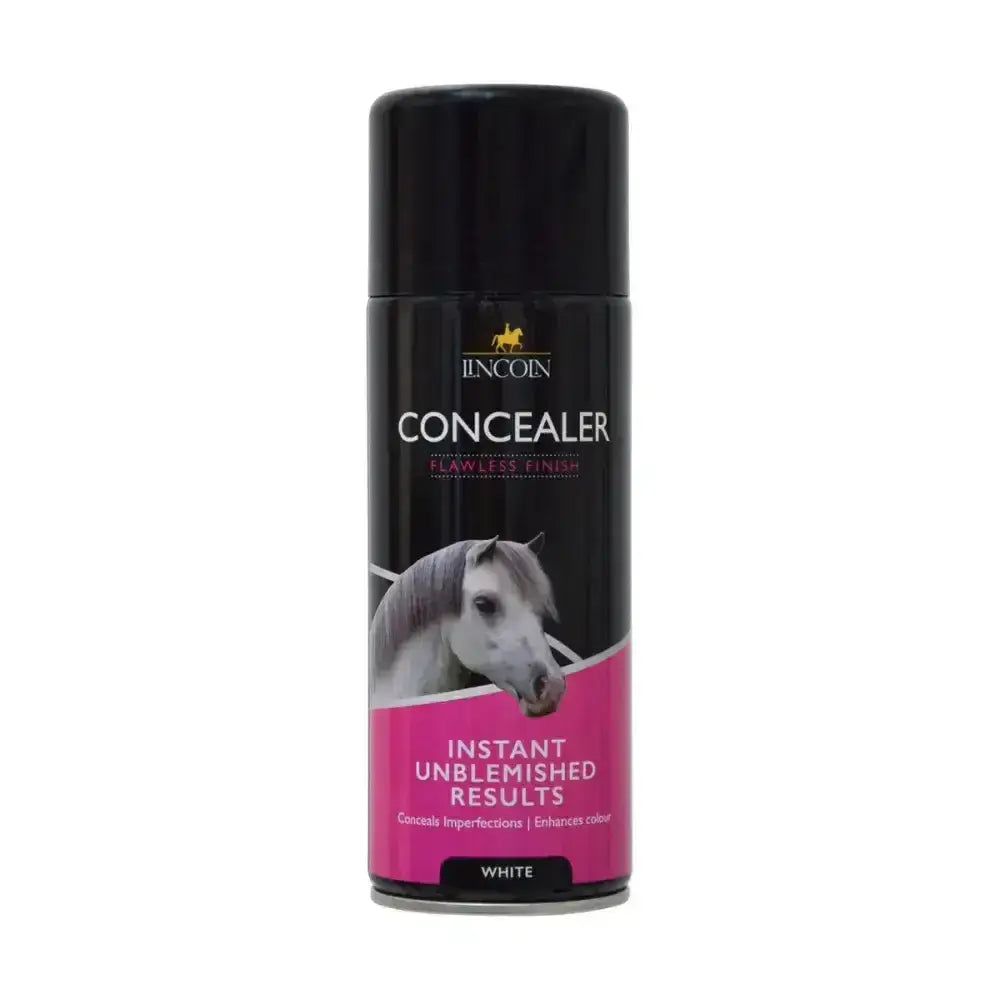 Black aerosol can of lincoln concealer spray aerosol in white with pink label and white horse for horse’s coats touch-ups