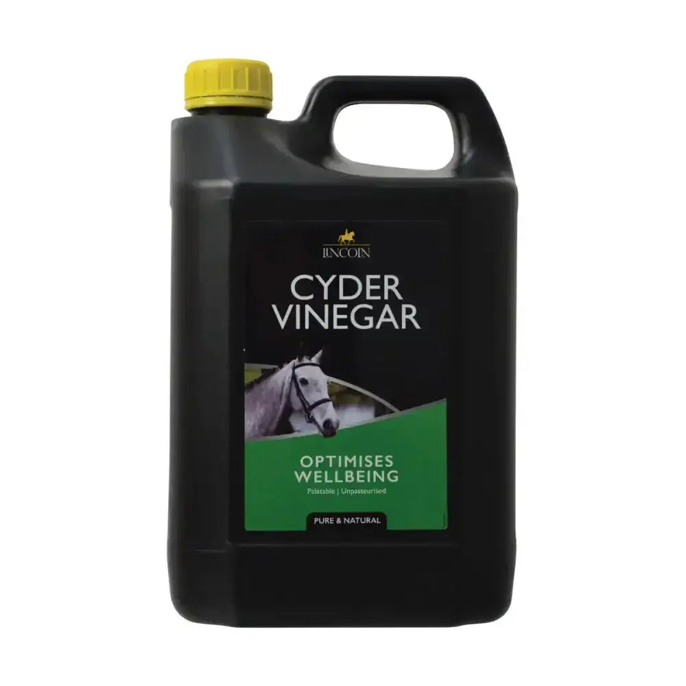 Black plastic jug with yellow cap and handle of lincoln cyder vinegar featuring white horse label and traditional english recipe
