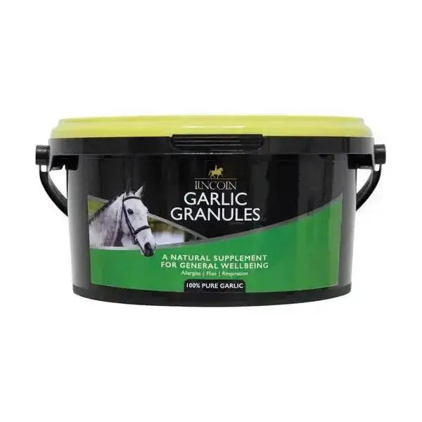 Black and lime green plastic bucket with black handles labeled lincoln garlic granules for pure garlic goodness horse vitamins