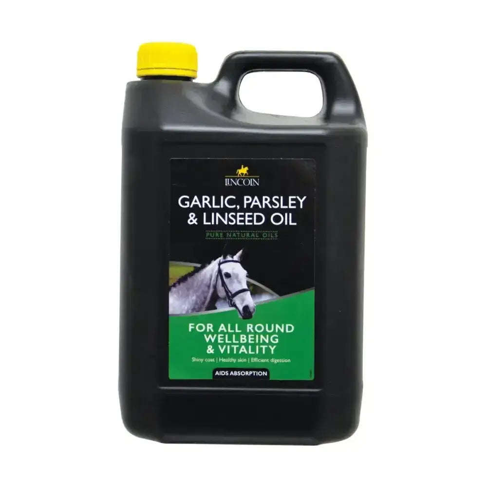 Black plastic jug with yellow cap labeled lincoln garlic parsley and nutritious linseed oil for horse vitamins and wellbeing