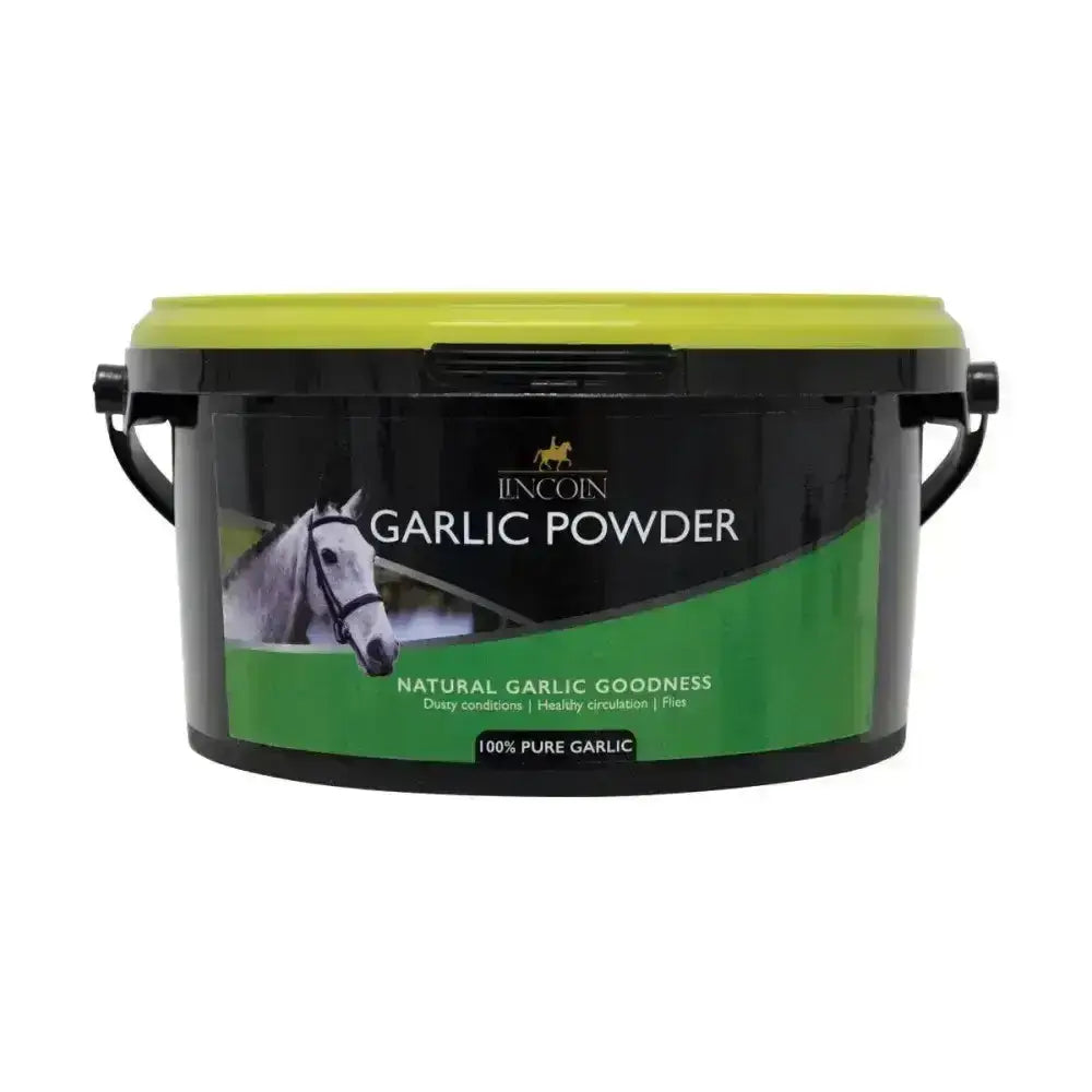 Black and lime green plastic bucket with lid labeled lincoln garlic powder perfect garlic powder refill pack for horse supplements vitamins