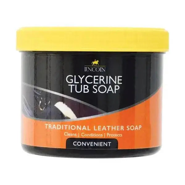 Lincoln glycerine tub saddle soap in black and orange container with yellow lid to clean and nourish leather tack