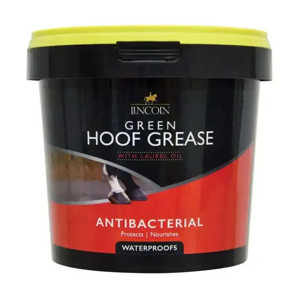 Lincoln green hoof grease in a black and red container with a bright yellow lid for european style hoof protection