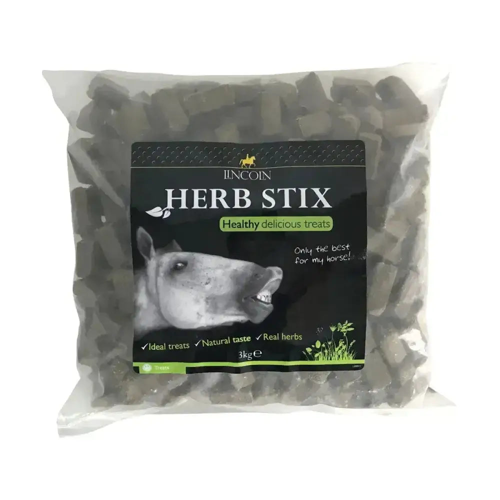 A 3kg bag of dark gray chunky lincoln herb stix horse treats in clear plastic packaging with added palatability