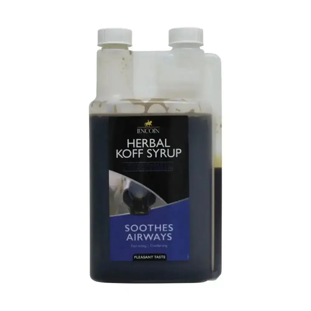 Lincoln herbal koff syrup in a clear plastic bottle with white caps containing dark liquid for horse supplements