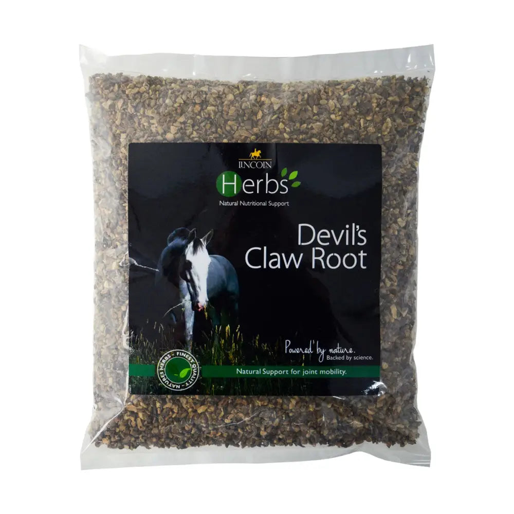 A clear plastic bag of dried chopped devil’s claw root herbs from lincoln herbs african native herb product