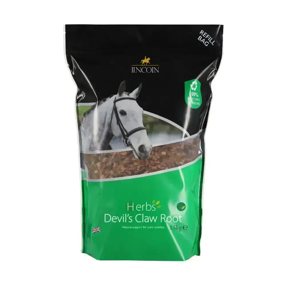 Green and black resealable bag of lincoln herbs devil’s claw root claw root refill pouch with white horse image