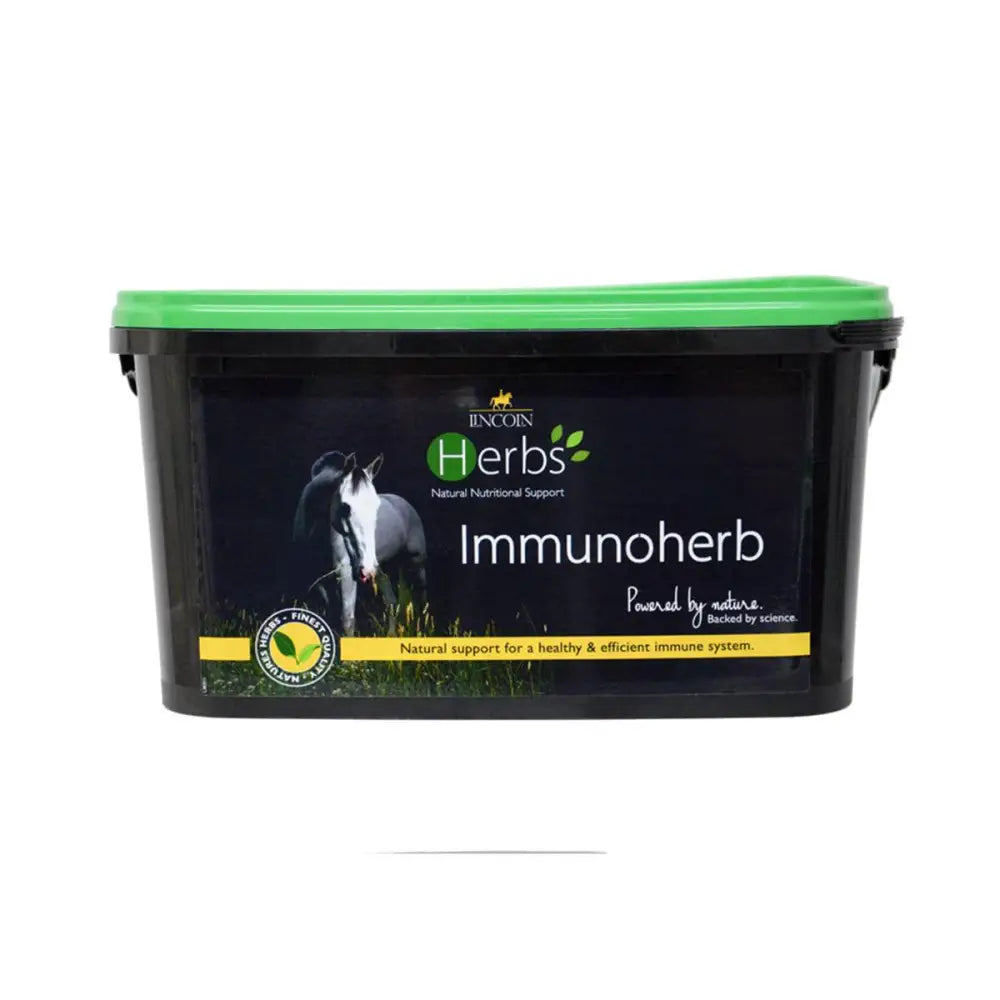 Black plastic tub with bright green lid labeled lincoln herbs immunoherb natural immune support scientifically formulated herbal supplement