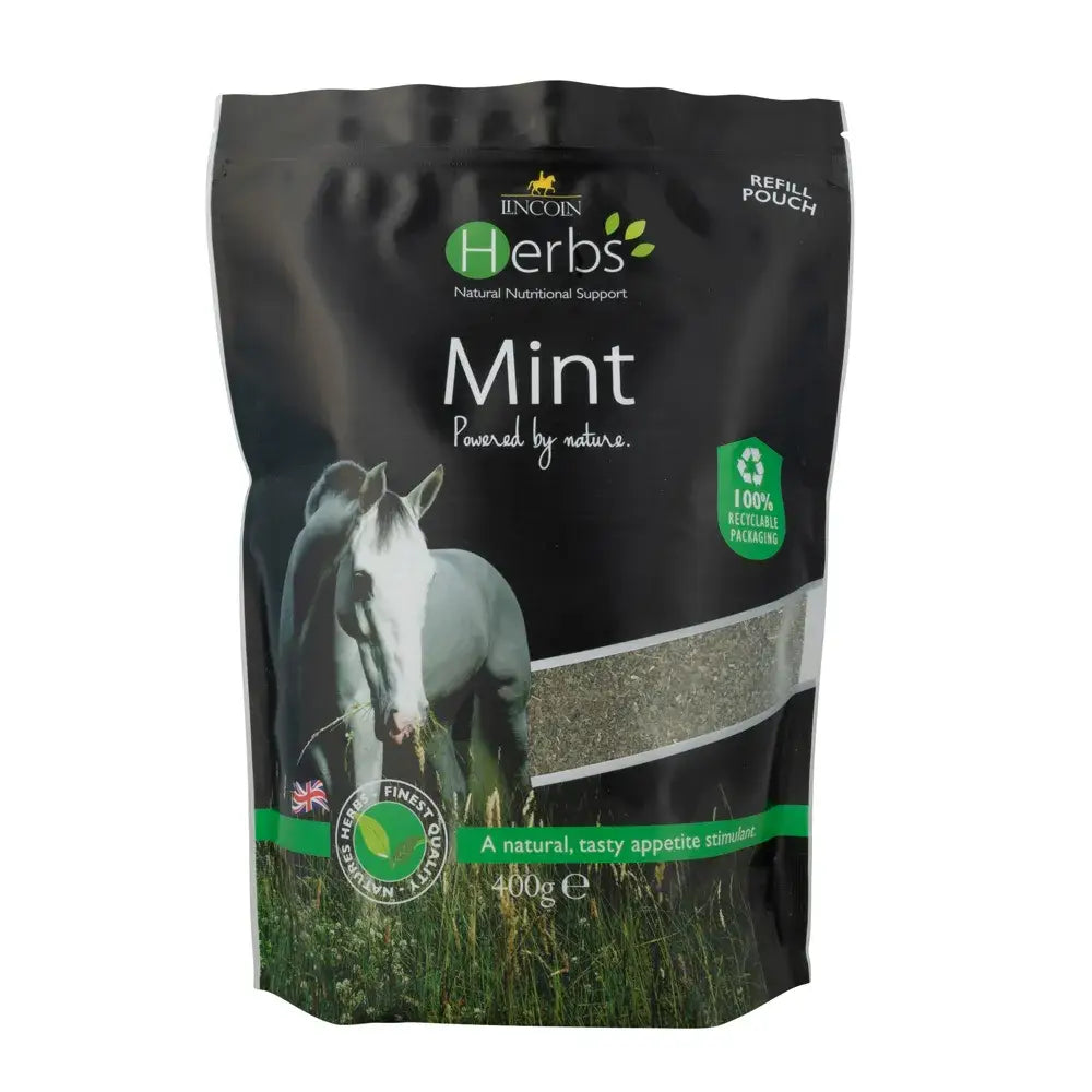 Black lincoln herbs mint refill pouch with horse image and green accents perfect to disguise medications with pure spearmint
