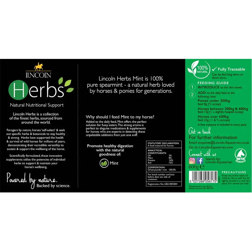 Back of lincoln herbs mint refill pouch showing 100% pure spearmint supplement for horses with feeding instructions to disguise medications