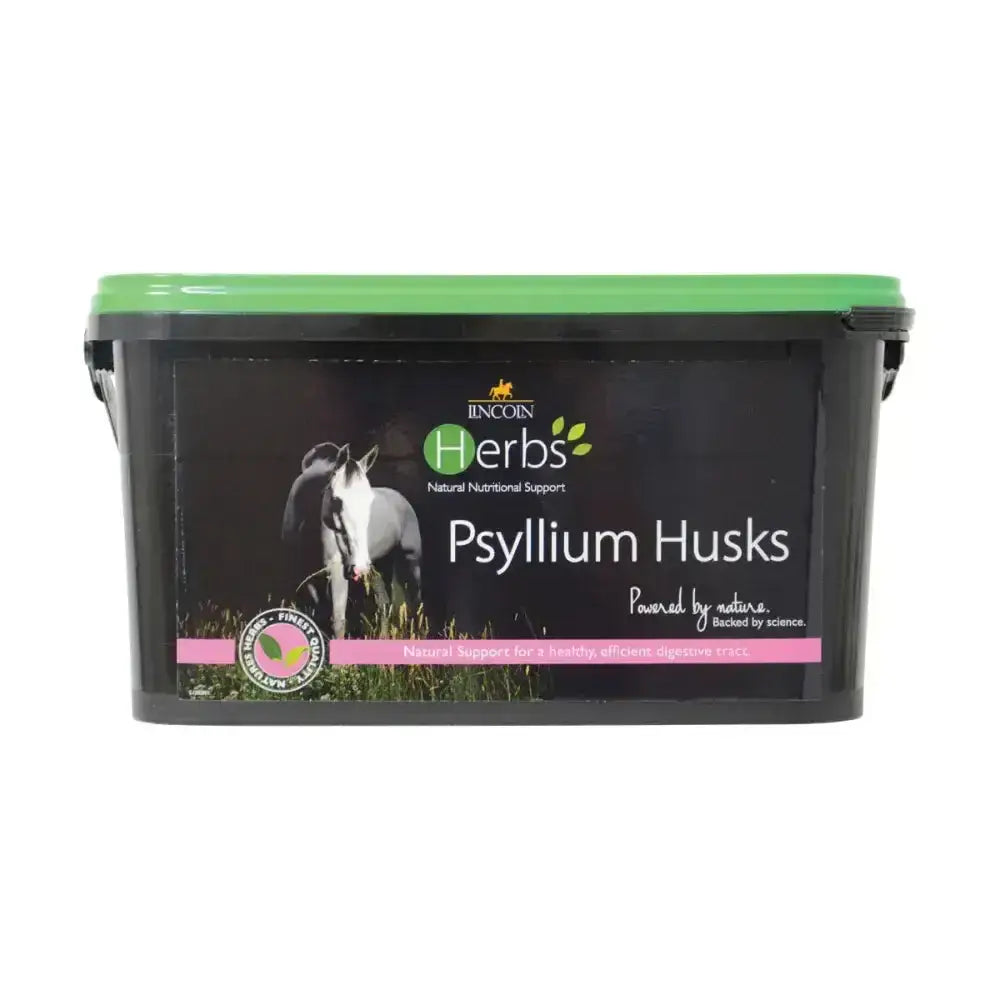 Black plastic container with green lid labeled lincoln herbs psyllium husks for natural digestive support with plantago ovata seeds