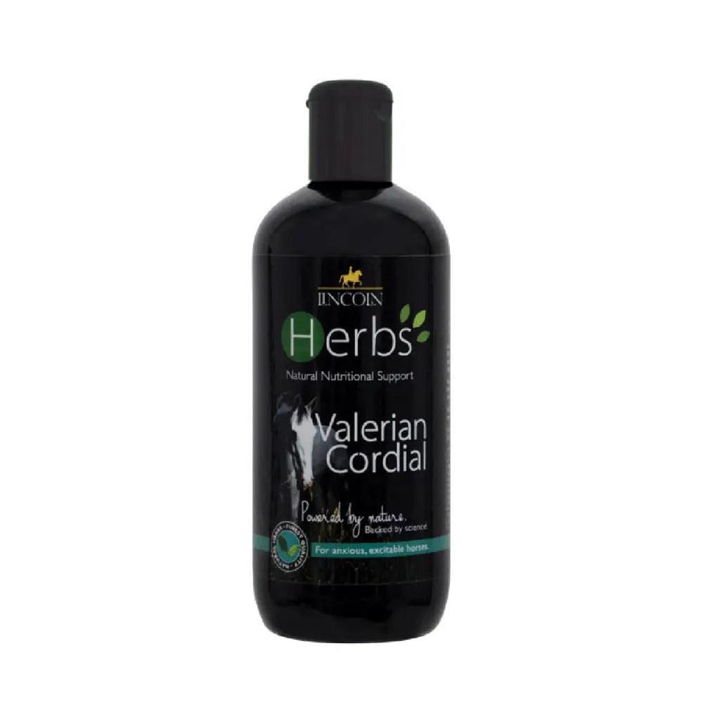 Black plastic bottle of lincoln herbs valerian cordial with black cap and green accents for excitable horses and stress