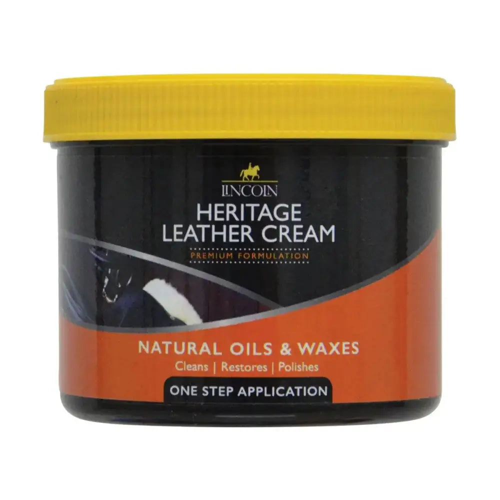 Lincoln heritage leather cream in a black and orange jar with a yellow lid for horse tack care