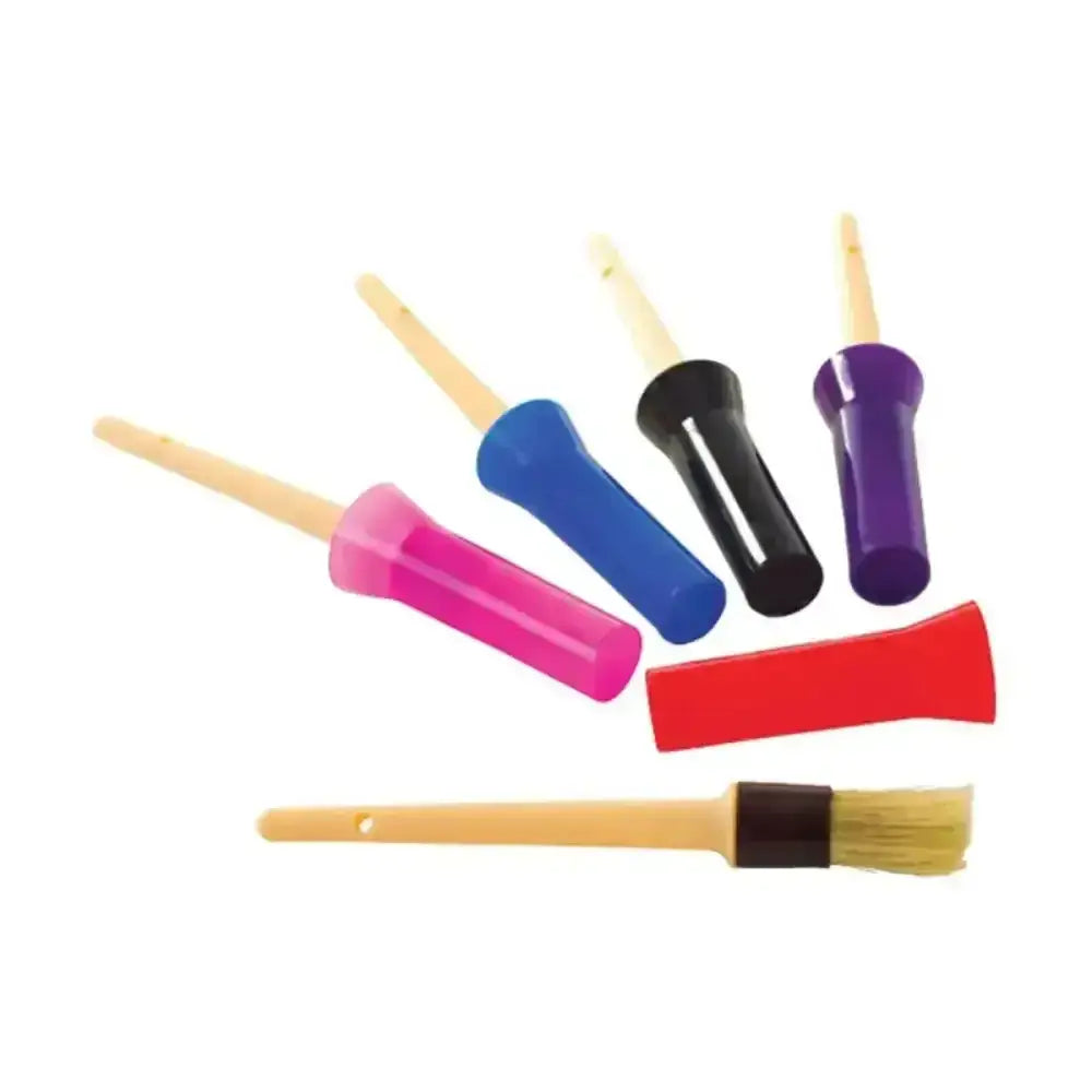 Set of colorful plastic-handled lincoln hoof oil brushes with protective caps and one natural-bristled paintbrush wood sticks
