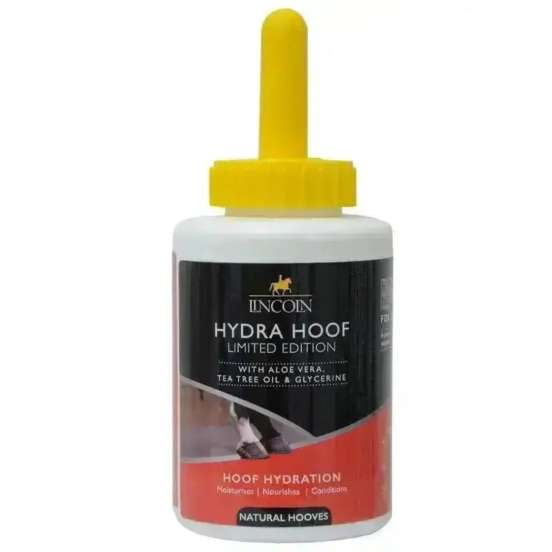 Lincoln hydra hoof hydrating hoof cream in white bottle with yellow dropper cap supports dry brittle hooves naturally
