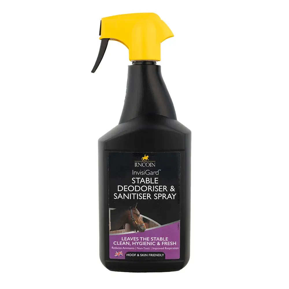 Black plastic spray bottle with yellow trigger nozzle labeled lincoln invisigard stable deodoriser and sanitiser spray
