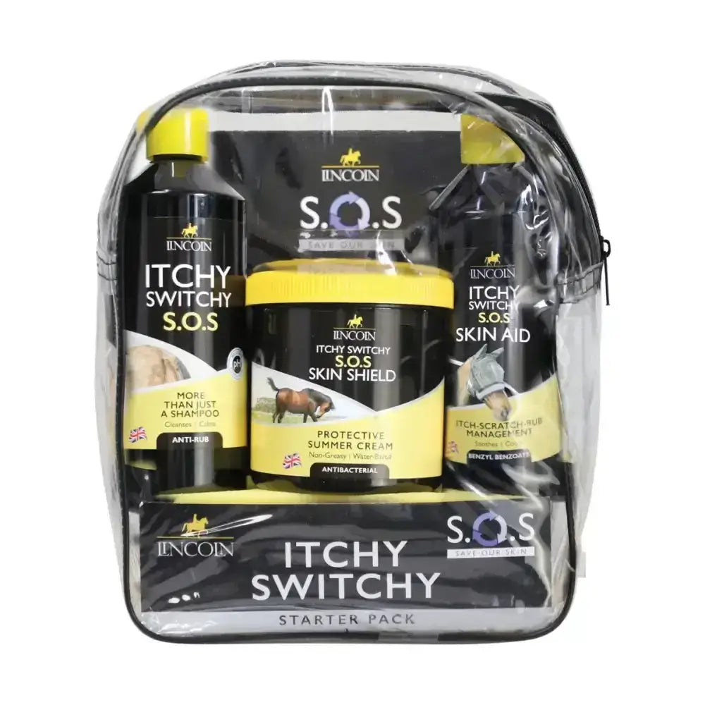 Lincoln itchy switchy s.o.s. starter pack packaging showing natural cure for seasonal itching and sweet itch relief