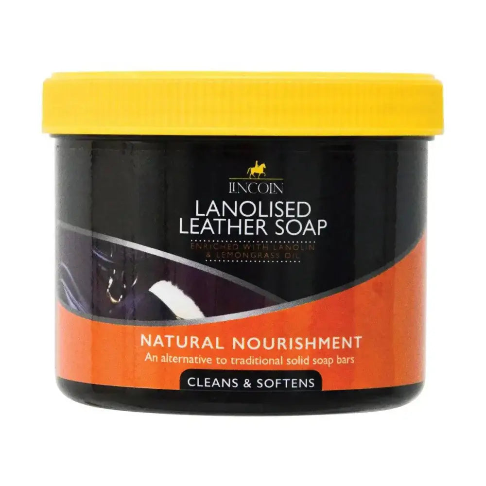 Black lincoln lanolised leather soap container with bright yellow lid and orange label for conditioning leather tack