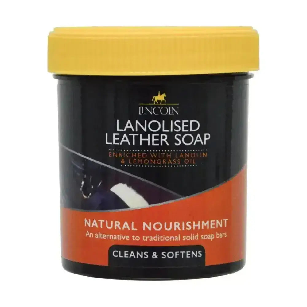 Lincoln lanolised leather soap in a black and orange container with yellow lid for conditioning leather tack