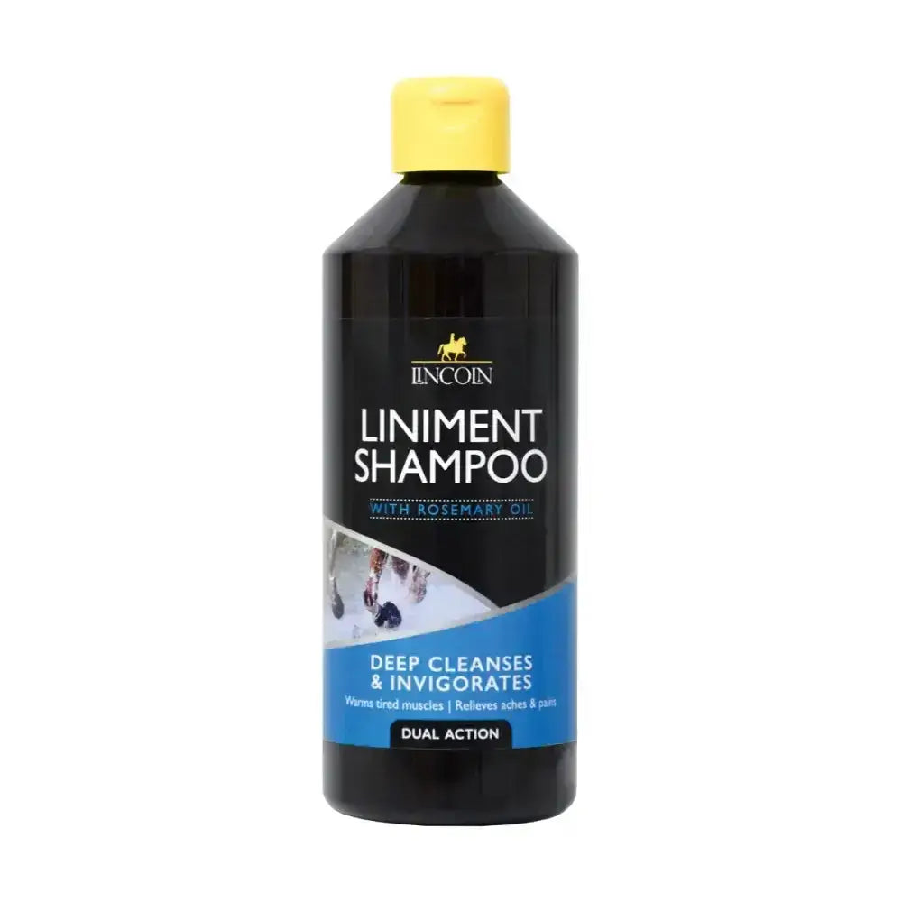 Black plastic bottle of lincoln liniment shampoo with rosemary oil yellow cap and blue label for horse grooming