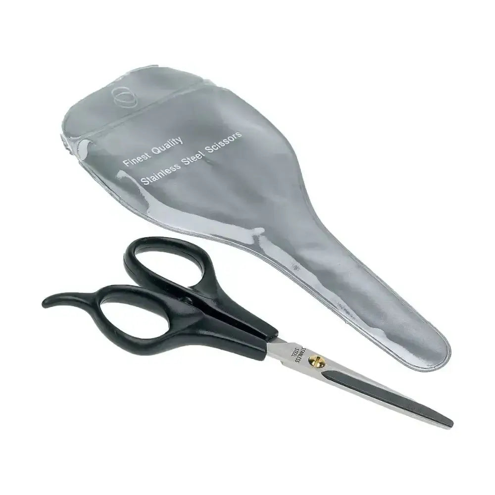 Black-handled lincoln mane and tail scissors with stainless steel blades and clear case labeled finest quality stainless steel scissors
