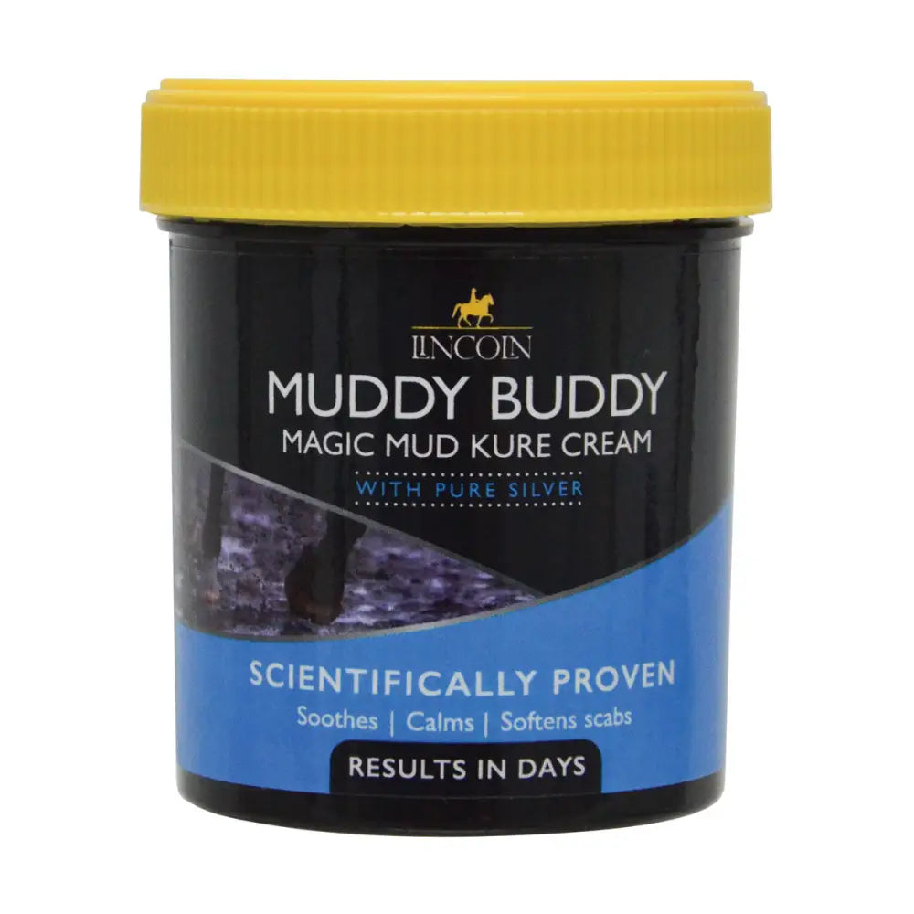 Lincoln muddy buddy magic mud kure cream in a black jar with yellow lid and silver-infused formula for soothing scabs