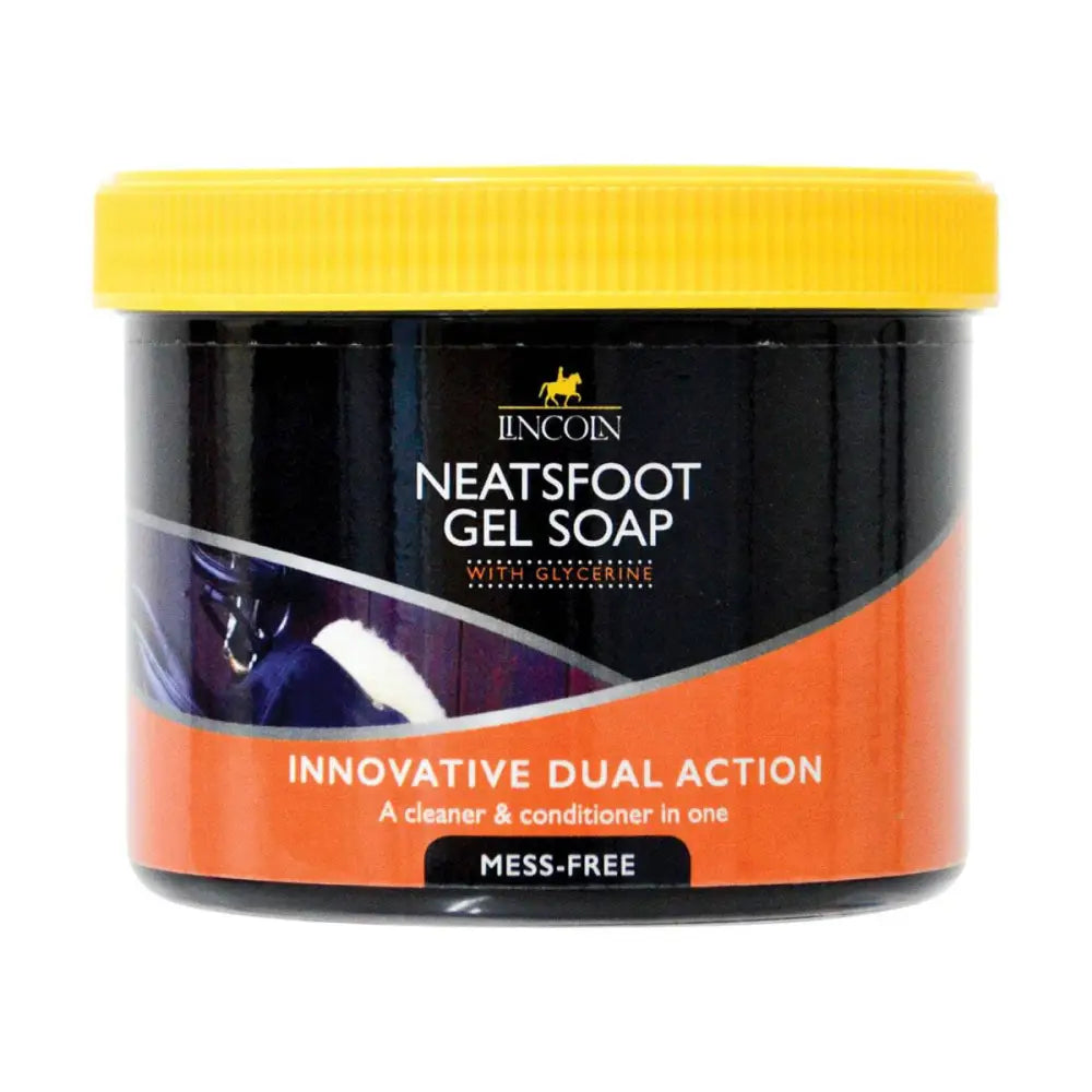 Lincoln neatsfoot gel soap in a black and orange jar with a yellow lid featuring glycerine for cleaning horse tack