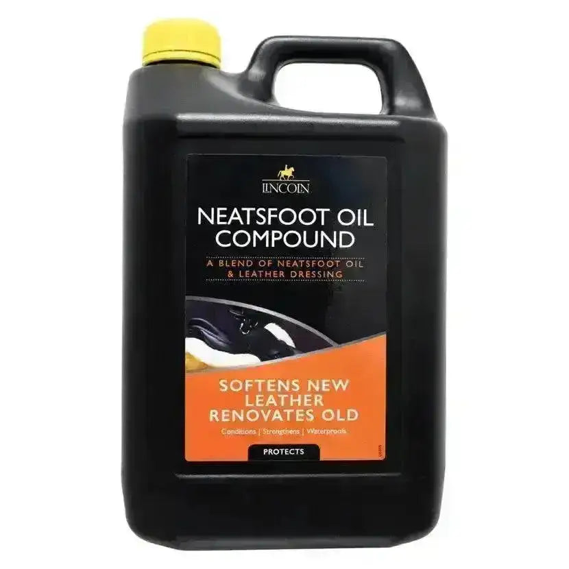 Black plastic jug with yellow cap and handle labeled lincoln neatsfoot oil compound leather oil for conditioning