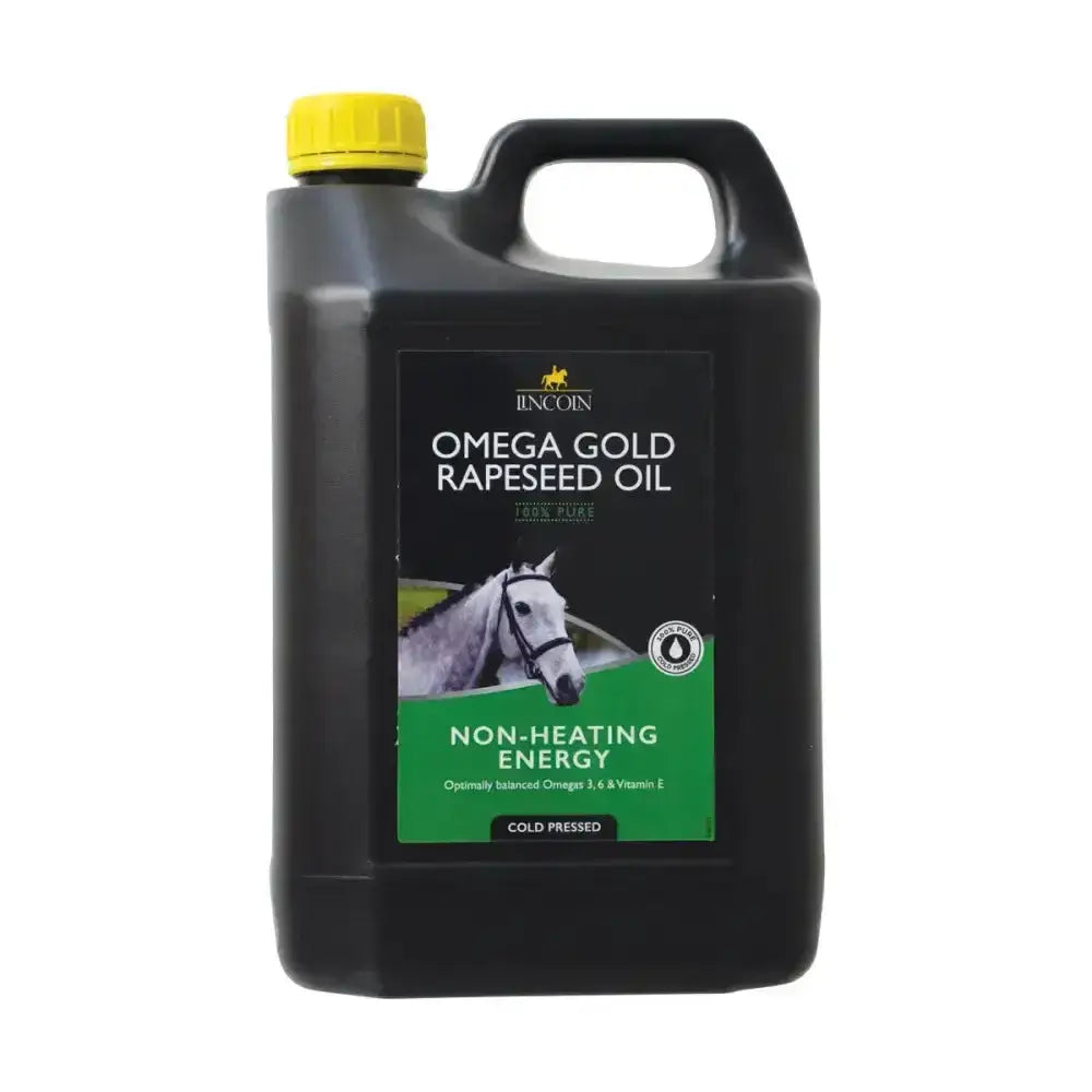 Black plastic jug with yellow cap labeled lincoln omega gold pure cold pressed gold rapeseed oil with white horse image
