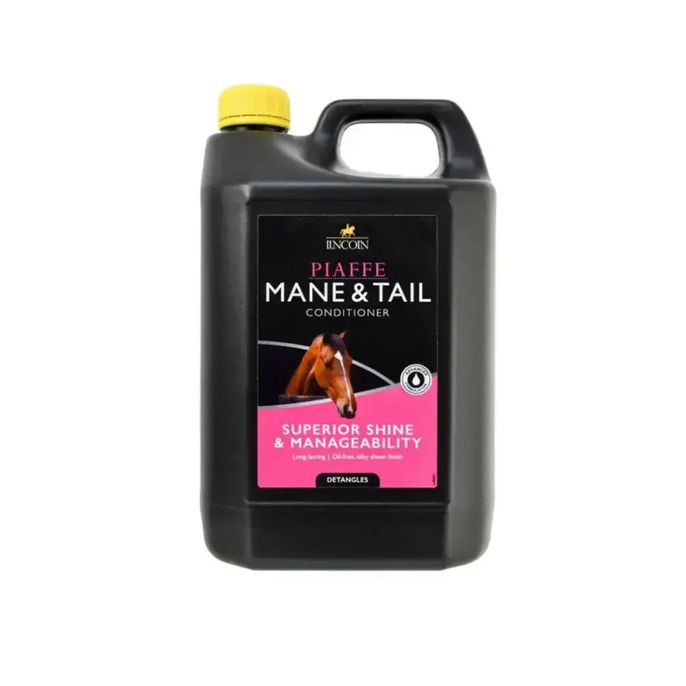 Black plastic jug with yellow cap labeled lincoln piaffe mane and tail conditioner featuring horse head image