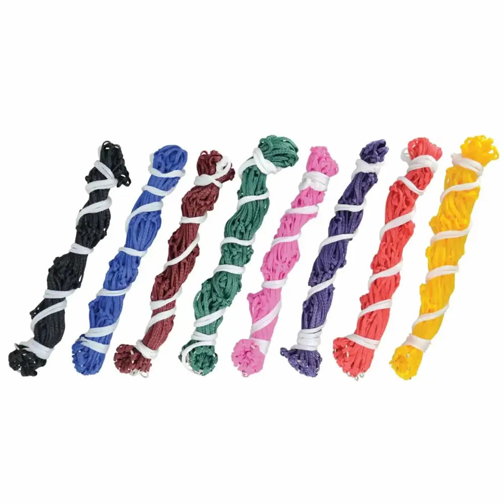 A collection of colorful twisted rope bundles for lincoln polypropylene haynet made of durable polypropylene mesh for horse feed