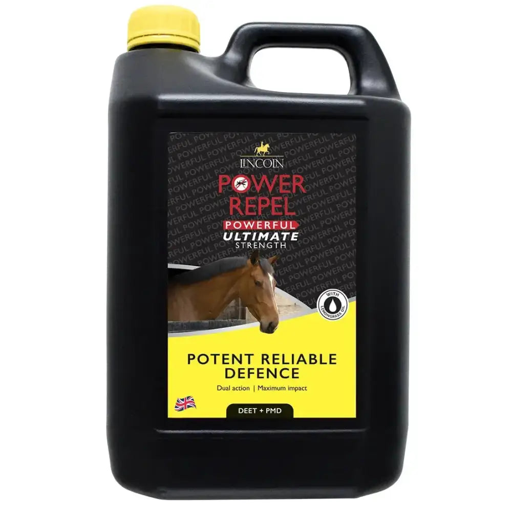 Black plastic jug with yellow cap and handle labeled lincoln power repel fly repellent for ultimate strength insect control