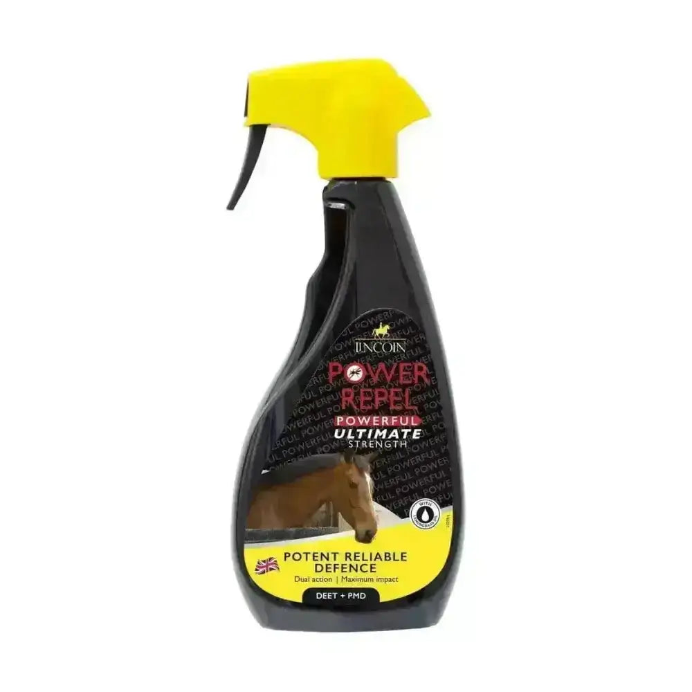 Black plastic lincoln power repel spray bottle with yellow trigger for ultimate strength insect fly repellent with deet + pmd