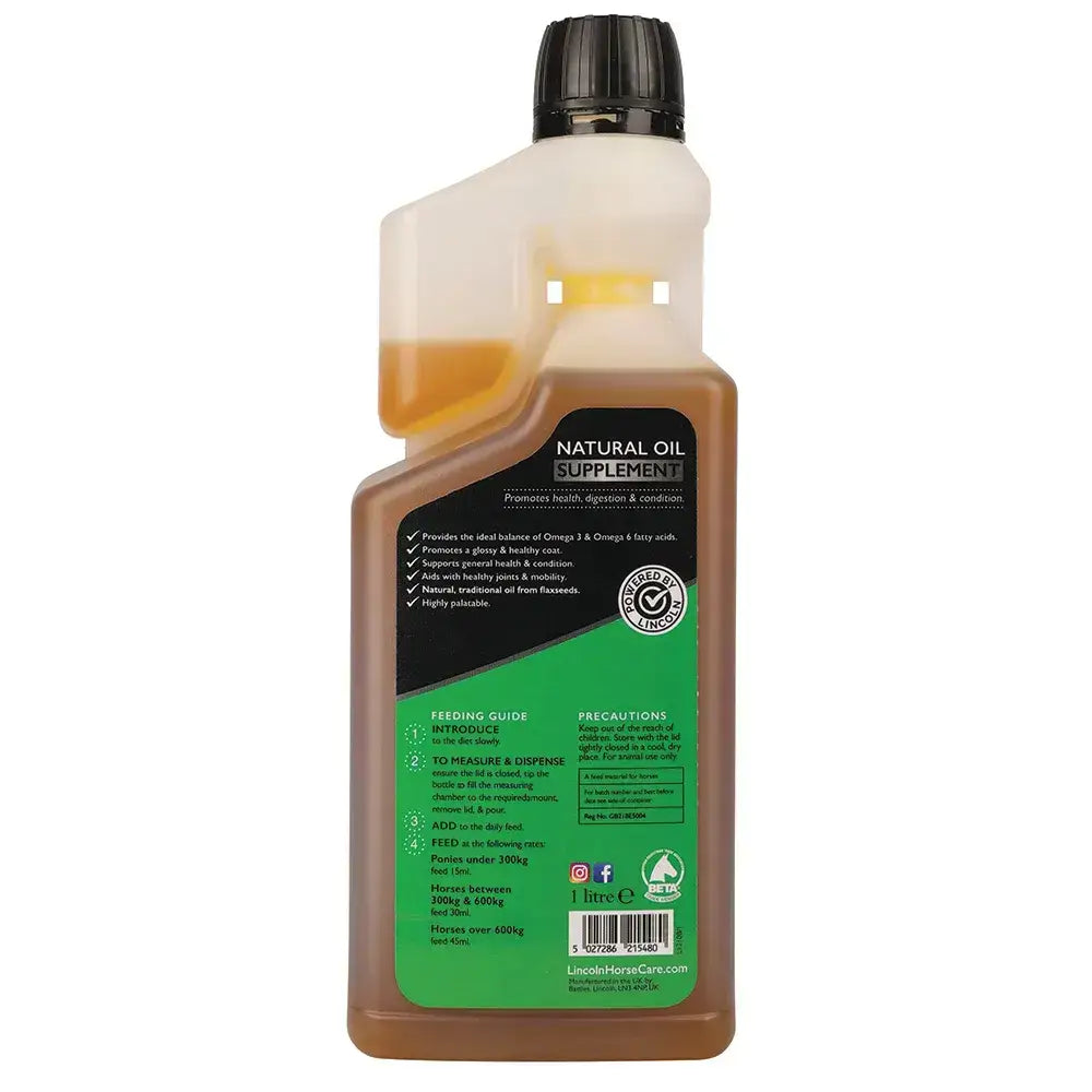 A 1-litre bottle of lincoln pure linseed oil with black screw-top cap and translucent body filled with amber liquid