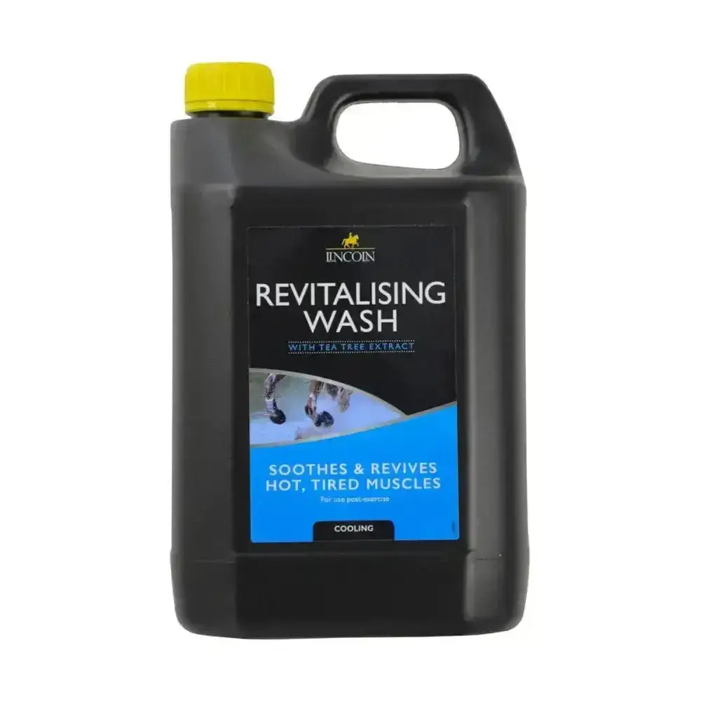 Black plastic jug with yellow cap labeled lincoln revitalising wash for cooling soothing muscles in horse grooming