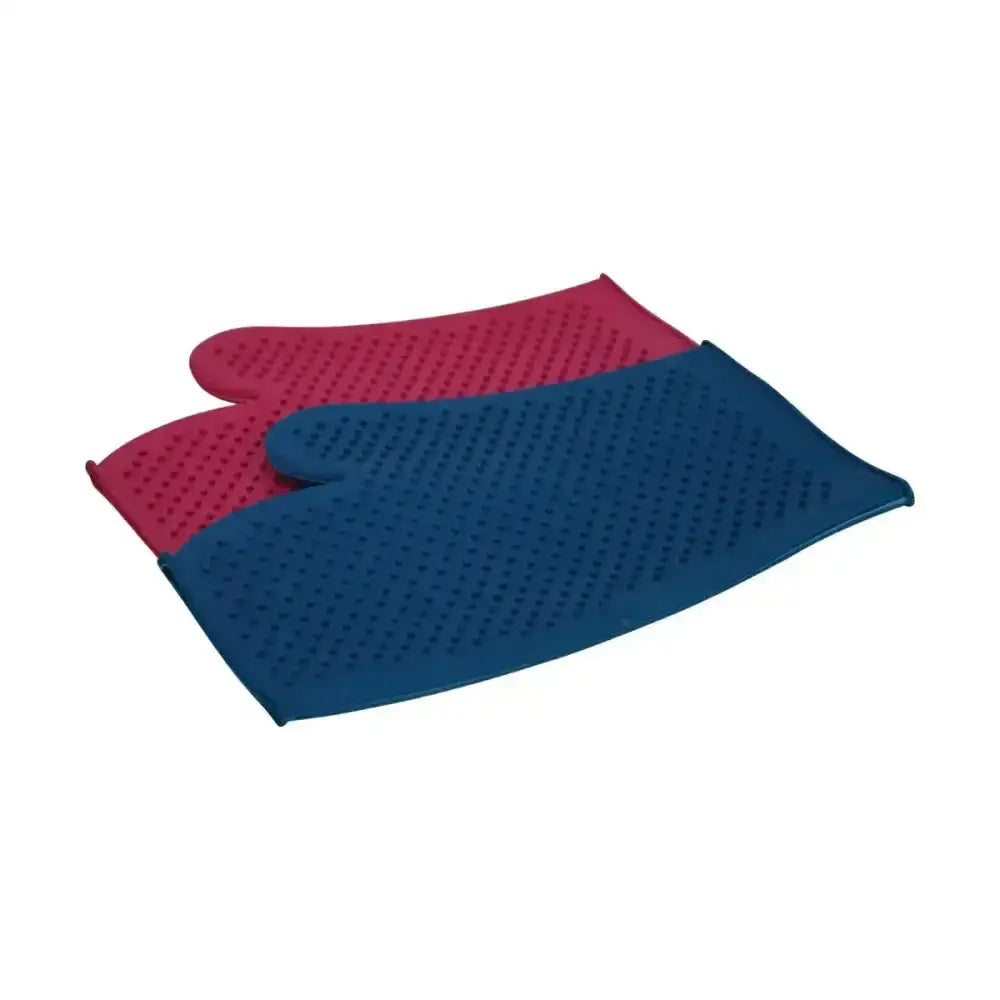 A pair of lincoln rubber grooming mitt made of silicone in red and blue with textured perforations for grip and ventilation