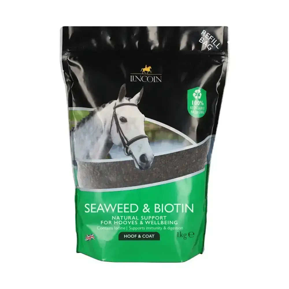 Black and green resealable pouch of lincoln seaweed horse hoof supplements with biotin for healthy hooves