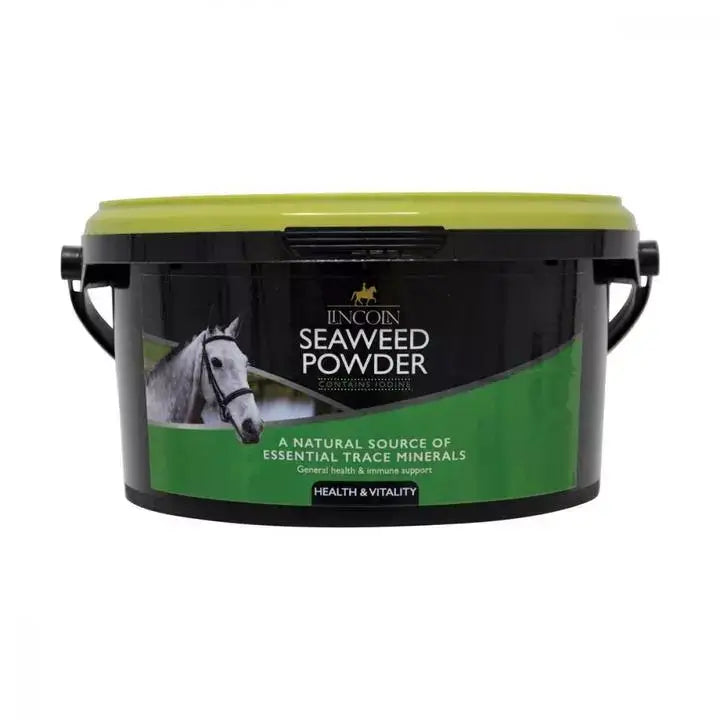 Black and lime green plastic bucket of lincoln seaweed garlic seaweed powder with lid and lincoln brand label