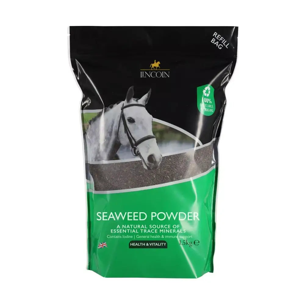 Black and green resealable bag of Lincoln seaweed garlic powder for horse health supplement and nutrition