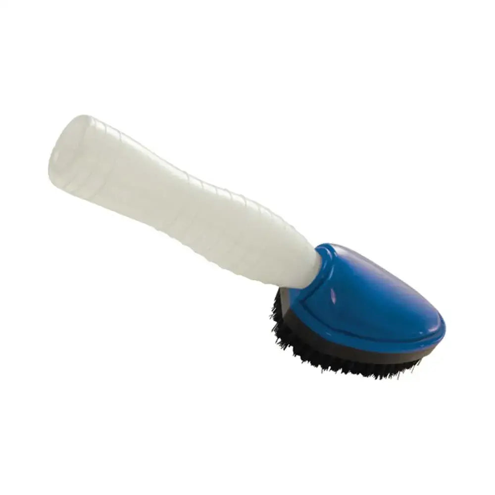 Blue plastic lincoln shampoo brush with white ergonomic handle and black bristles helps lather hair easily
