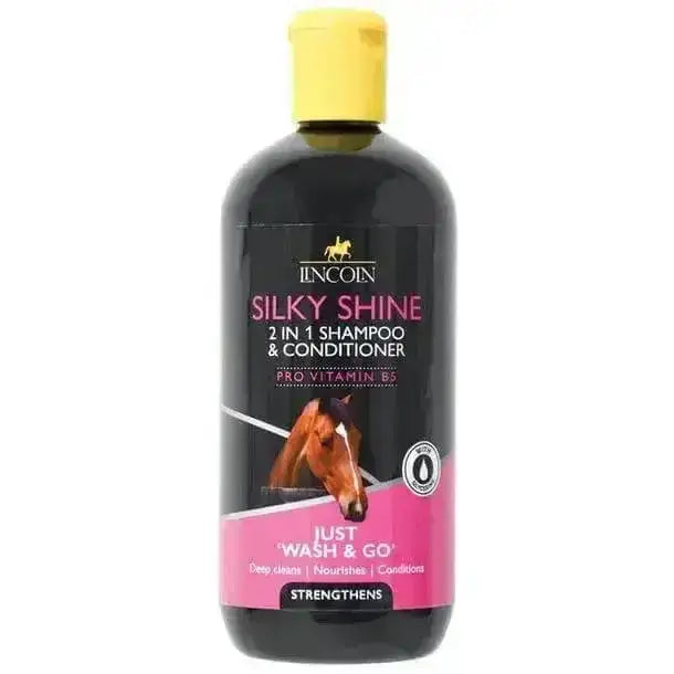 Black plastic lincoln silky shine 2 in 1 shampoo and conditioner bottle with yellow cap for superior conditioning and effective moisturising