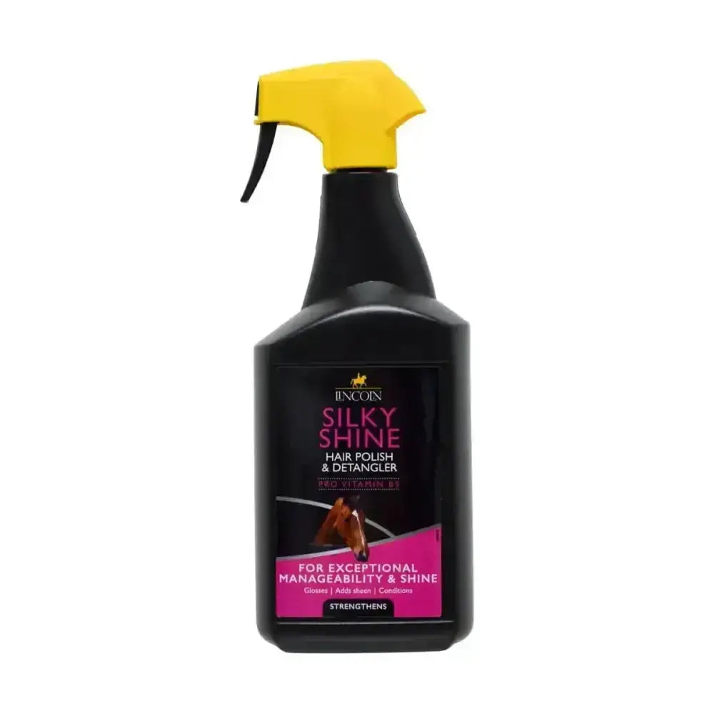 Black plastic spray bottle with yellow trigger labeled lincoln silky shine hair polish and superior silky shine hair detangler