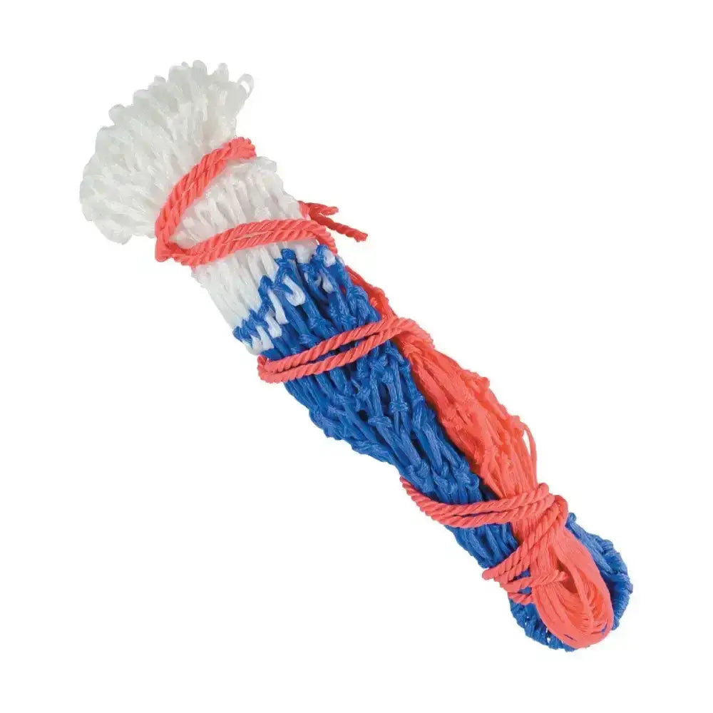 A bundled lincoln small mesh hay net made of multicolored small mesh polypropylene tied with coral rope