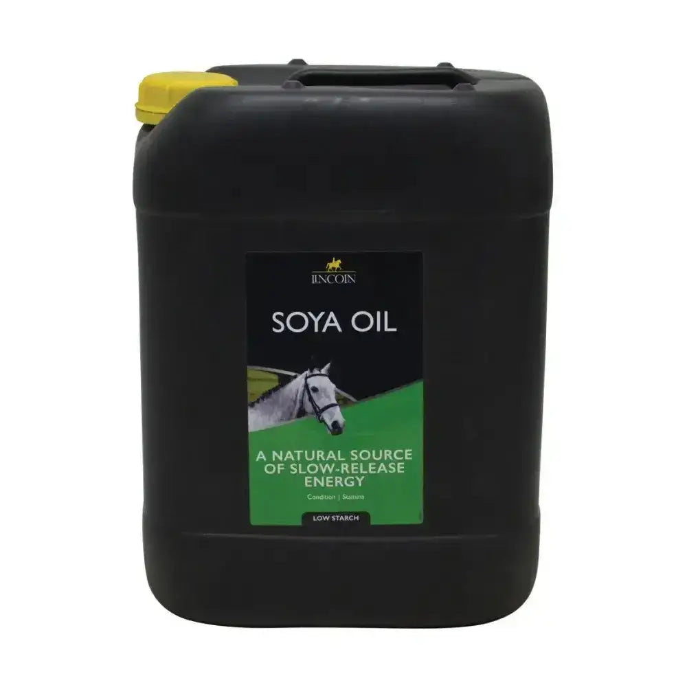 Black plastic jerrycan with yellow cap and green label featuring a horse image for lincoln soya oil natural horse vitamins