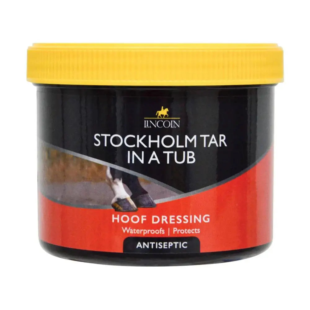 Lincoln stockholm tar in a tub black and red container with yellow lid vegetable stockholm tar for hoof dressing