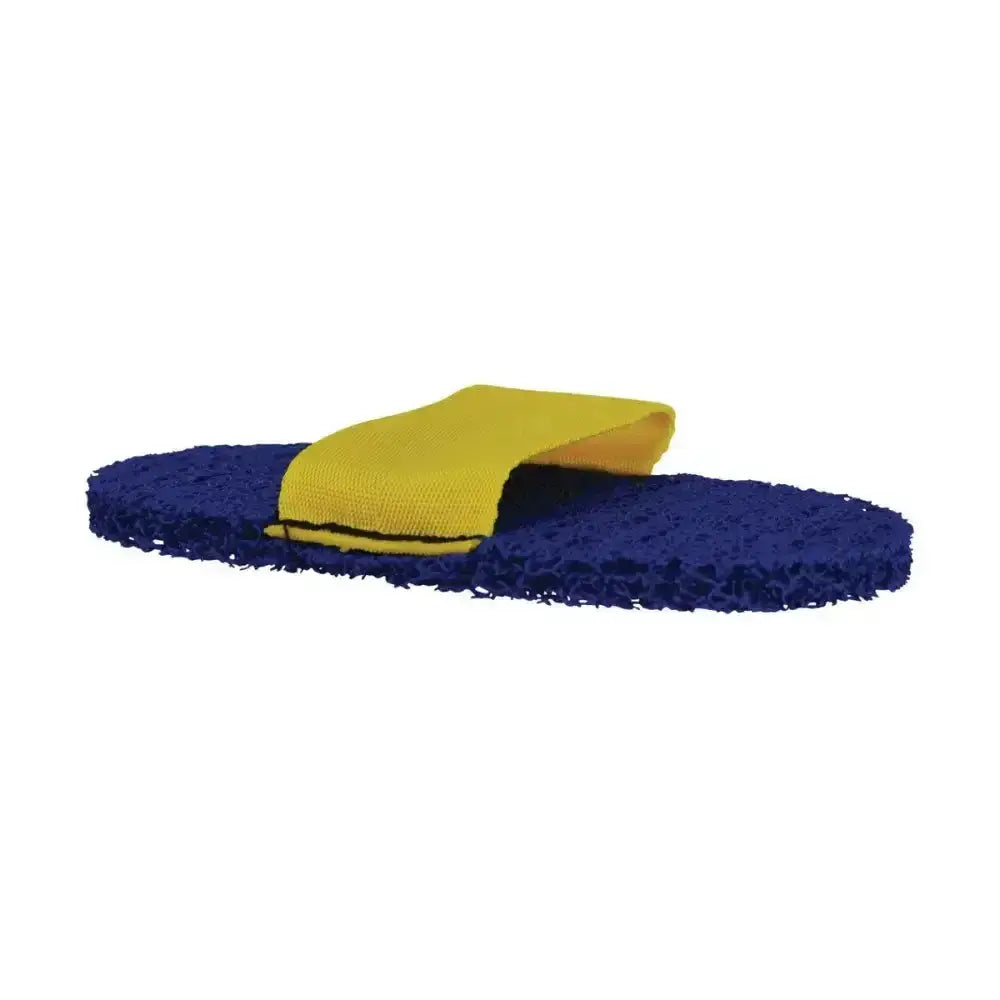 Blue and yellow sponge slipper with a fuzzy textured surface for horse grooming to remove dirt grime easily by lincoln super groomer